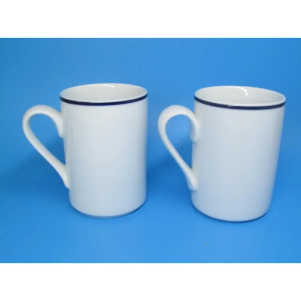 Dansk Bistro Mugs White Blue Stripe Christianshavn Coffee Mugs Set of 2